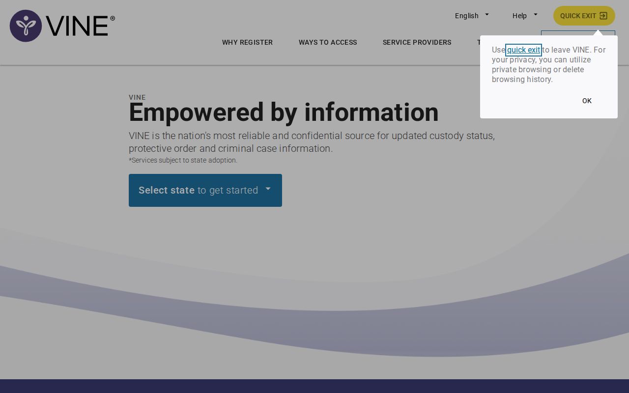 VINELink state selection and custody search interface