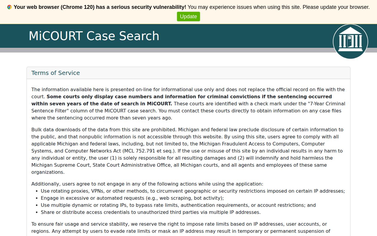 Michigan MiCOURT public case search page