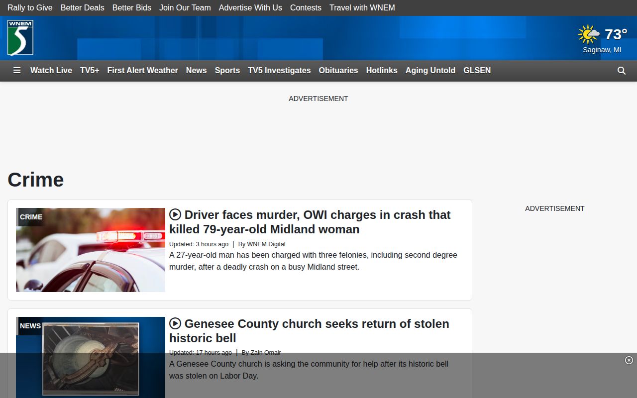 WNEM TV5 regional crime news page