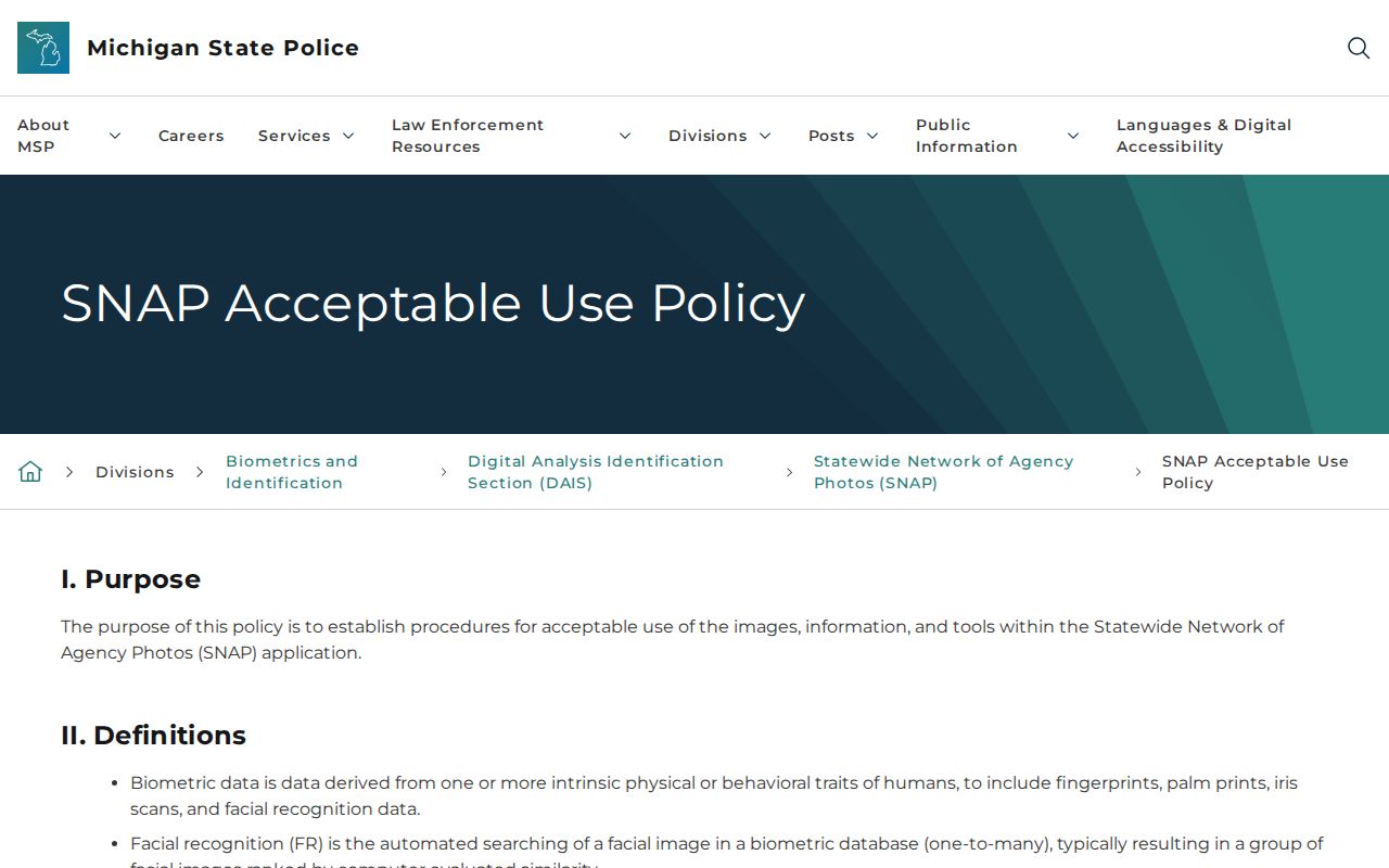 Michigan State Police agency photograph policy